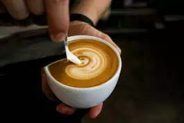 A coffee being poured by a barista